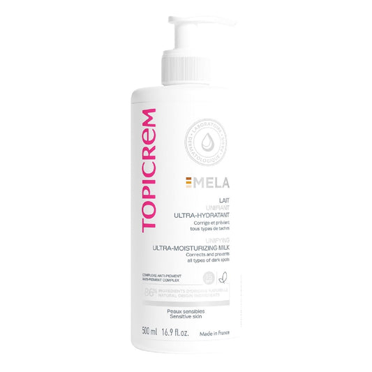 GIGATEMP Topicrem - Mela, Lait Unifiant Ultra Hydratant Corps - Hydrate 24h, Unifie le Teint, Corrige et Prévient l’Apparition des Taches Texture Onctueuse Peaux Sensibles Nouvelle Formule 500ml
